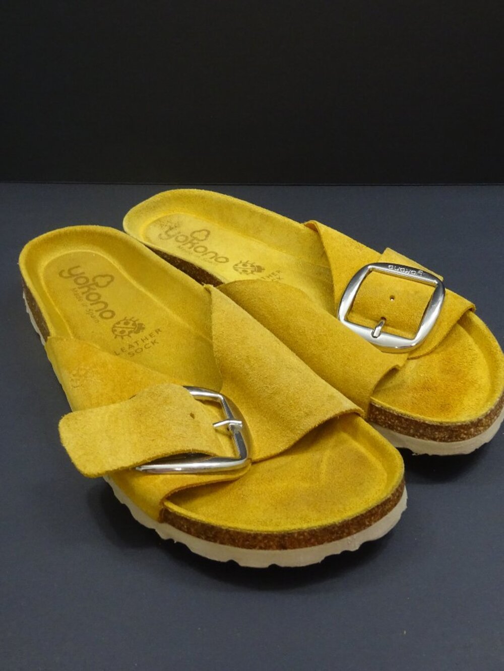 Yokono Mustard Yellow Suede Leather Buckle Slide Sandals - Size 7 / EU 38